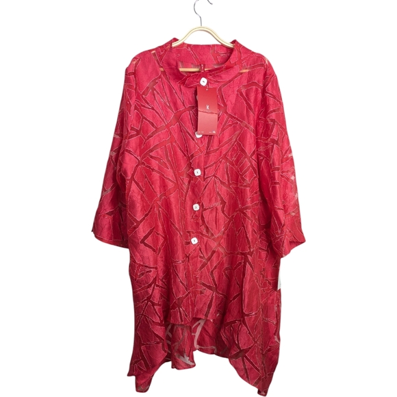 NEW IC Collection Burnout Shirt Jacket 1X Red Swing Tunic Button Front Lagenlook - Picture 1 of 12